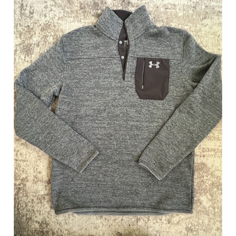 Under Armour Sweater Mens ColdGear Medium 1/4 Button Pullover Gray Fleece Mock
